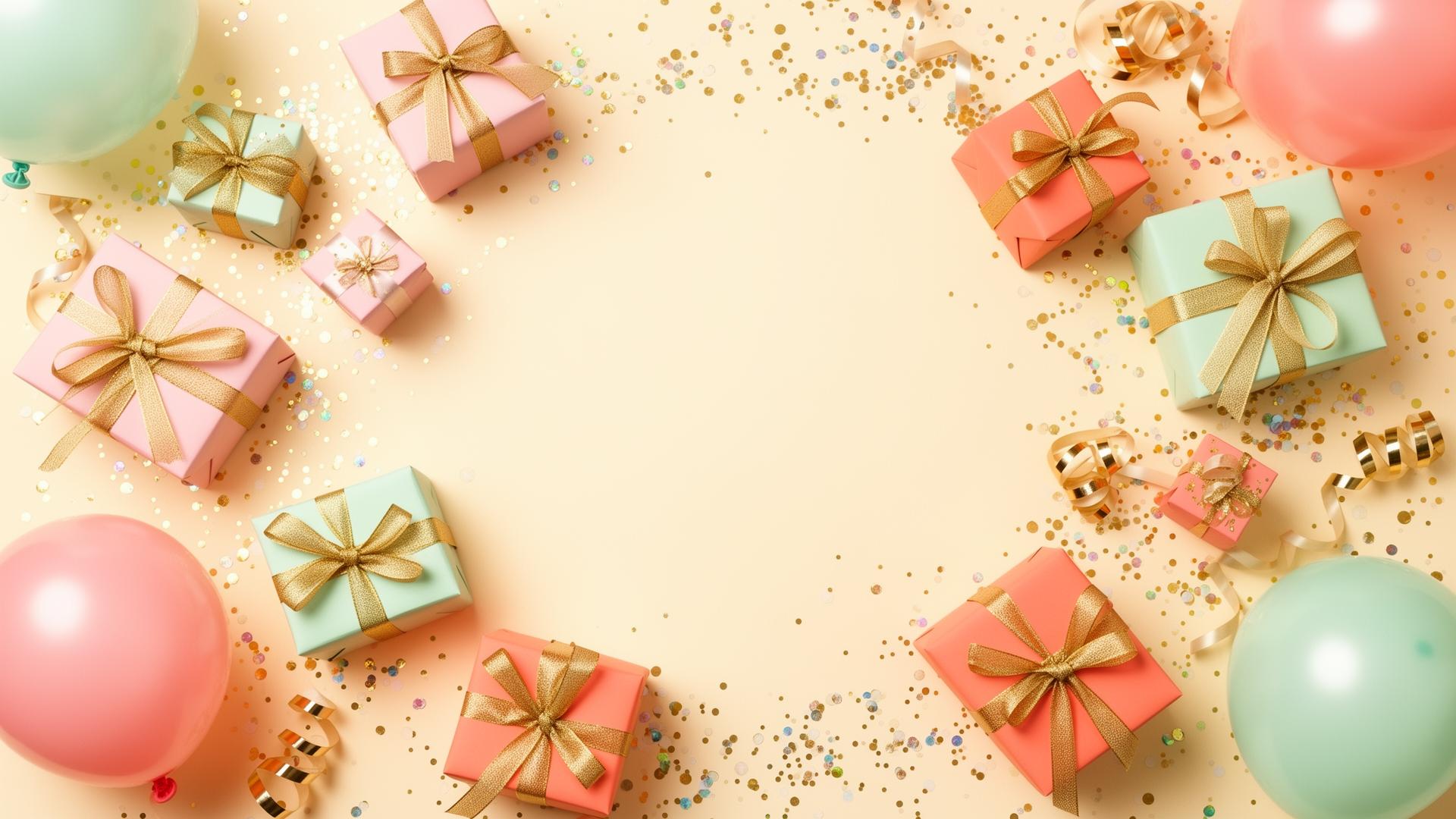Beautifully wrapped return gift boxes with ribbons, balloons and confetti